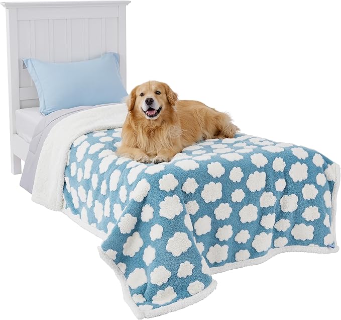 LE SURE Waterproof Blanket for Bed Cute Cozy 3D Jacquard, Twin（60x80） | Dog Blankets for Large Dogs, Pet Aesthetic Gift, Warm Soft Sherpa Throw, Reversible Couch Protector, Clouds Blue