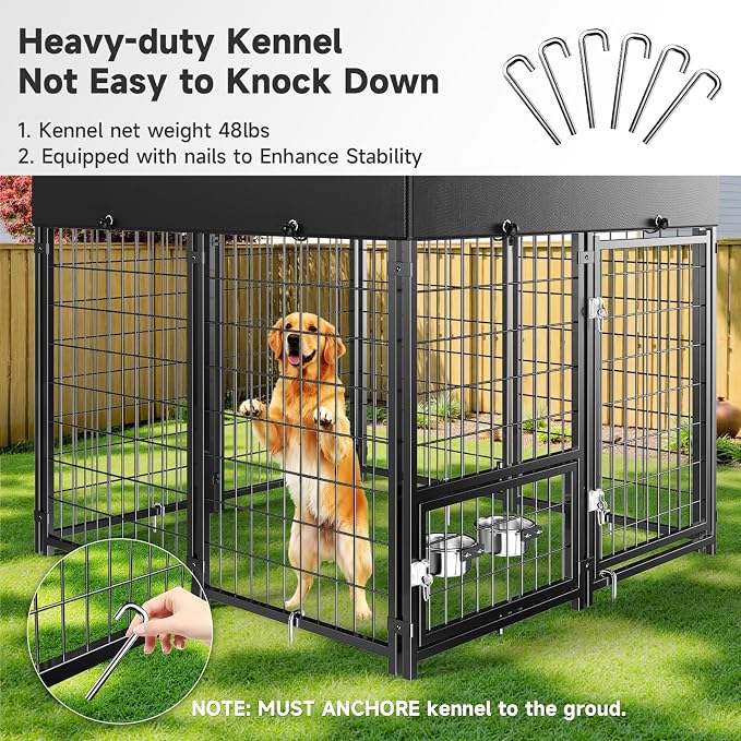 Dog Kennel Outdoor, Weatherproof Outside Dog Kennel with Roof & Swivel Feeders and Removable Dog Door, Outdoor Kennels Dog Enclosure Run for Medium Large Dogs (5'L x 5'W x 5'H)