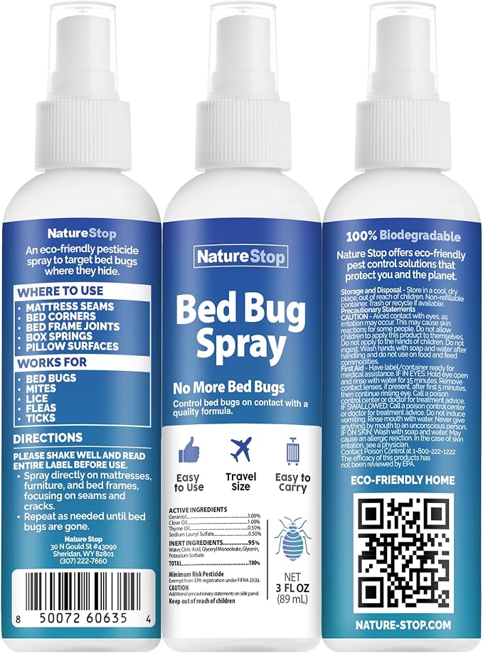 Bed Bug Spray Travel Size (3 oz) | Targets Bed Bugs & Eggs, Pet & Family Friendly, Plant-Based Active Ingredients, Travel Friendly Size, Stain-Free Formula