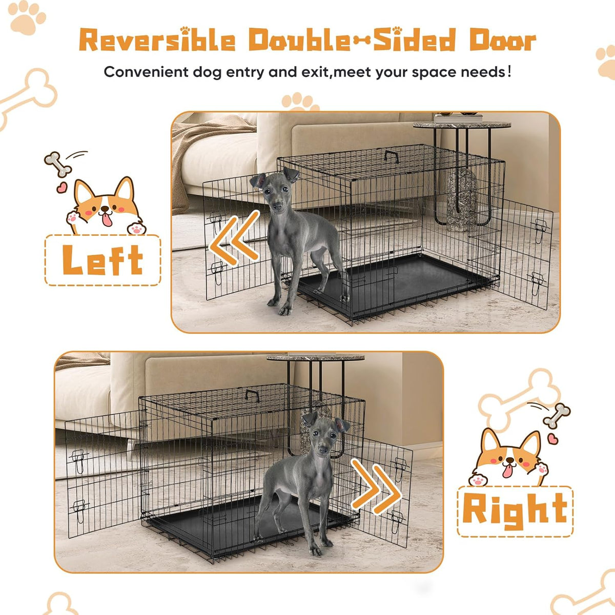 DUMOS Dog Crate, 36 Inch Medium Double Door Dog Cage with Divider Panel and Plastic Leak-Proof Pan Tray, Folding Metal Wire Pet Kennel for Indoor, Outdoor, Travel, Black