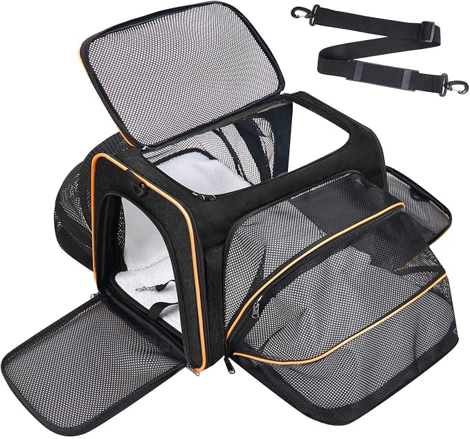 Pet Carrier, Large Soft Sided Expandable Travel Carrier with Steel Frame, Anti-Scratch Mesh, Removable Fleece Pad and Pockets for Cats, Dogs and Small Animals up to 15 lbs (Black, 5 Sides Expandable)