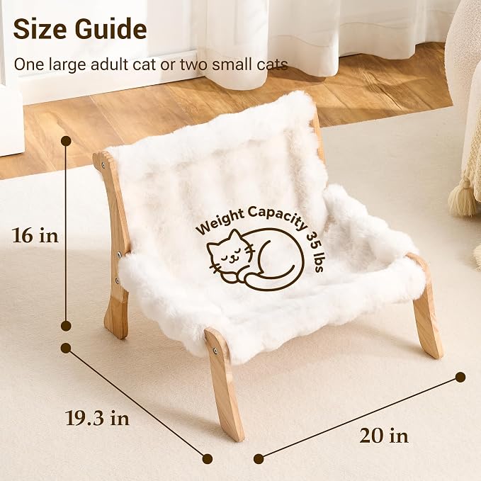 Solid Wood Cat Couch Bed for Indoor Cats, Modern Cat Sofa with Ultra-Soft Plush Surface Washable, Reclined Backrest, Elevated Elevated Cat Lounge Furniture for Small to Adult Pets, Ivory White