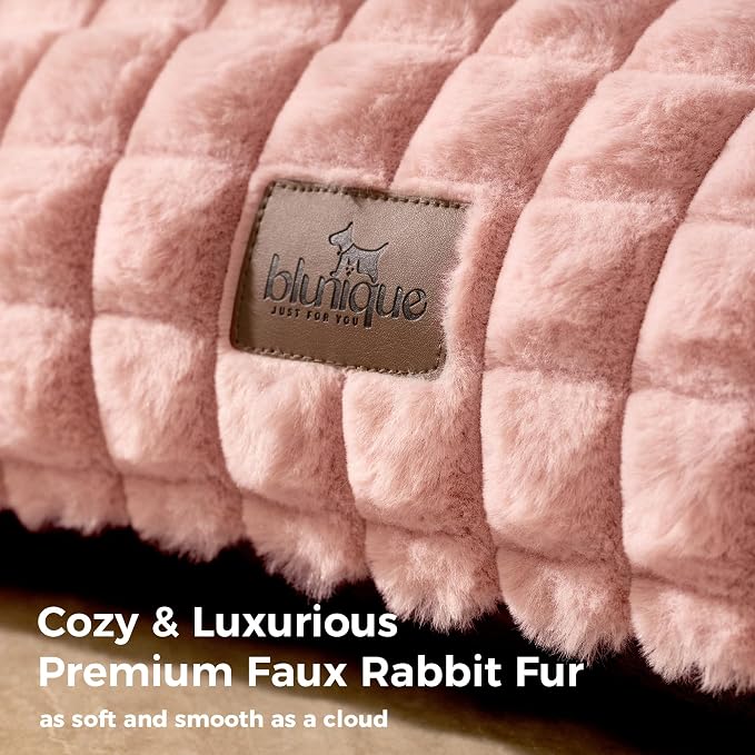 Cute Small Dog Couch Bed – Supportive & Fluffy Pet Sofa with Faux Rabbit Fur Washable Cover in 3D Diamond Pattern, 30" Pink