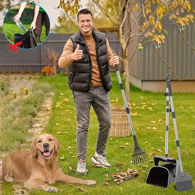 2pcs Heavy Duty Dog Pooper Scooper with 40 Bags, Long Handle Swivel Bin & Rake Spade for Large Medium Dogs, Pet Waste Removal for Yard Grass Gravel, Easy to Clean