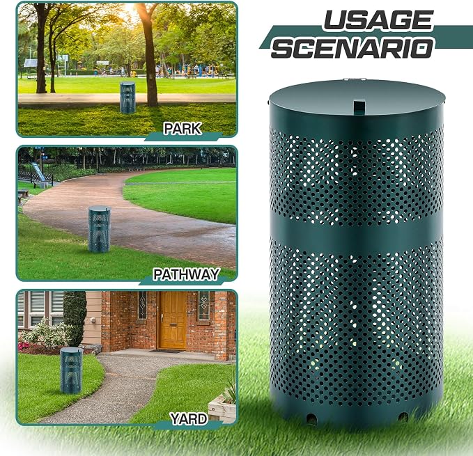 Dansydaisy Round Outdoor 10 Gallon Capacity Trash Can with Lid for Dog Waste Station - Rust Free UV Powder Coated - Designed to Mount on Any Post or Wall(Green)
