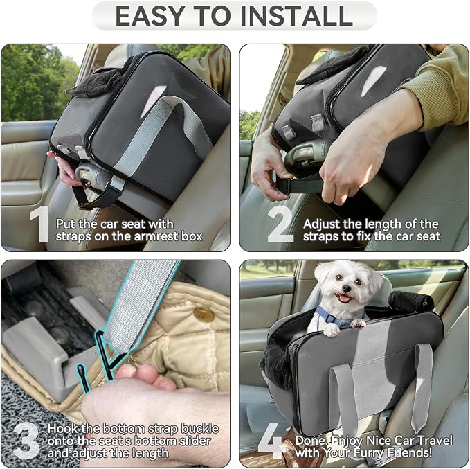 PETSFIT Multipurpose Center Console Dog Car Seat, Airline Approved Dog Car Carrier with Safety Tether and Pockets, Portable Cat Car Seat, Dog Car Seats for Small Dogs, Cats Up to 9 LBS (Deep Grey)