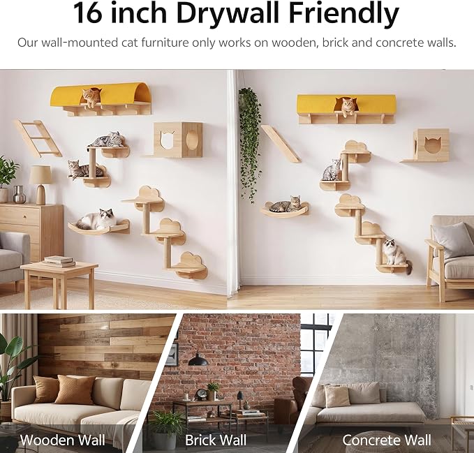Cloud Cat Wall Shelves, 12-in-1 Wall Mounted Cat Shelf w/Tunnel | Solid Wood Floating Shelves for Indoor Large Cats, Multi-Level Cat Climbing Wall Systems with Scratching Post, Space Saving
