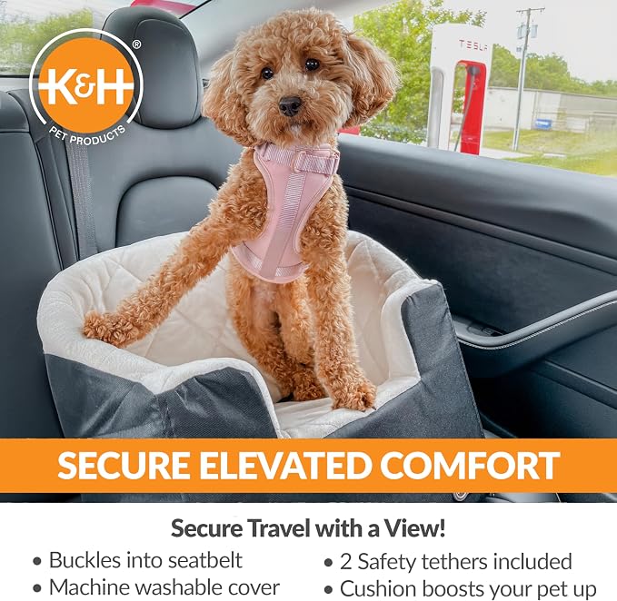 K&H Dog Car Seat, Bucket Booster for Cats & Dogs, Small, Black/Cream | Collapsible Dog Car Seats for Small Dogs. Seat Belt Secured, 2 Safety Leashes, Washable Covers