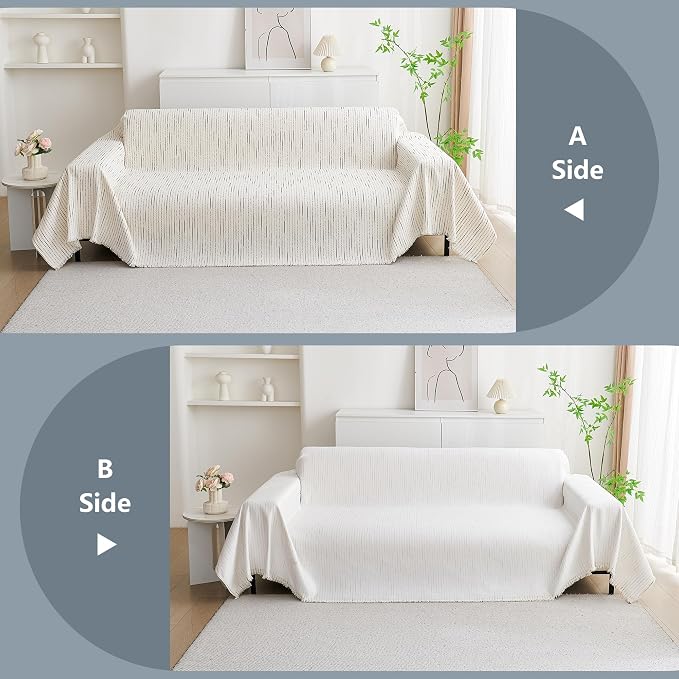 MYSKY HOME Couch Cover for Dogs, Sectional Couch Cover, Beige Lines Sofa Covers for Sectional Sofa L Shape Chenille Couch Protector for Dogs Pets Couch Covers Washable Soft Throw, 91"X118"