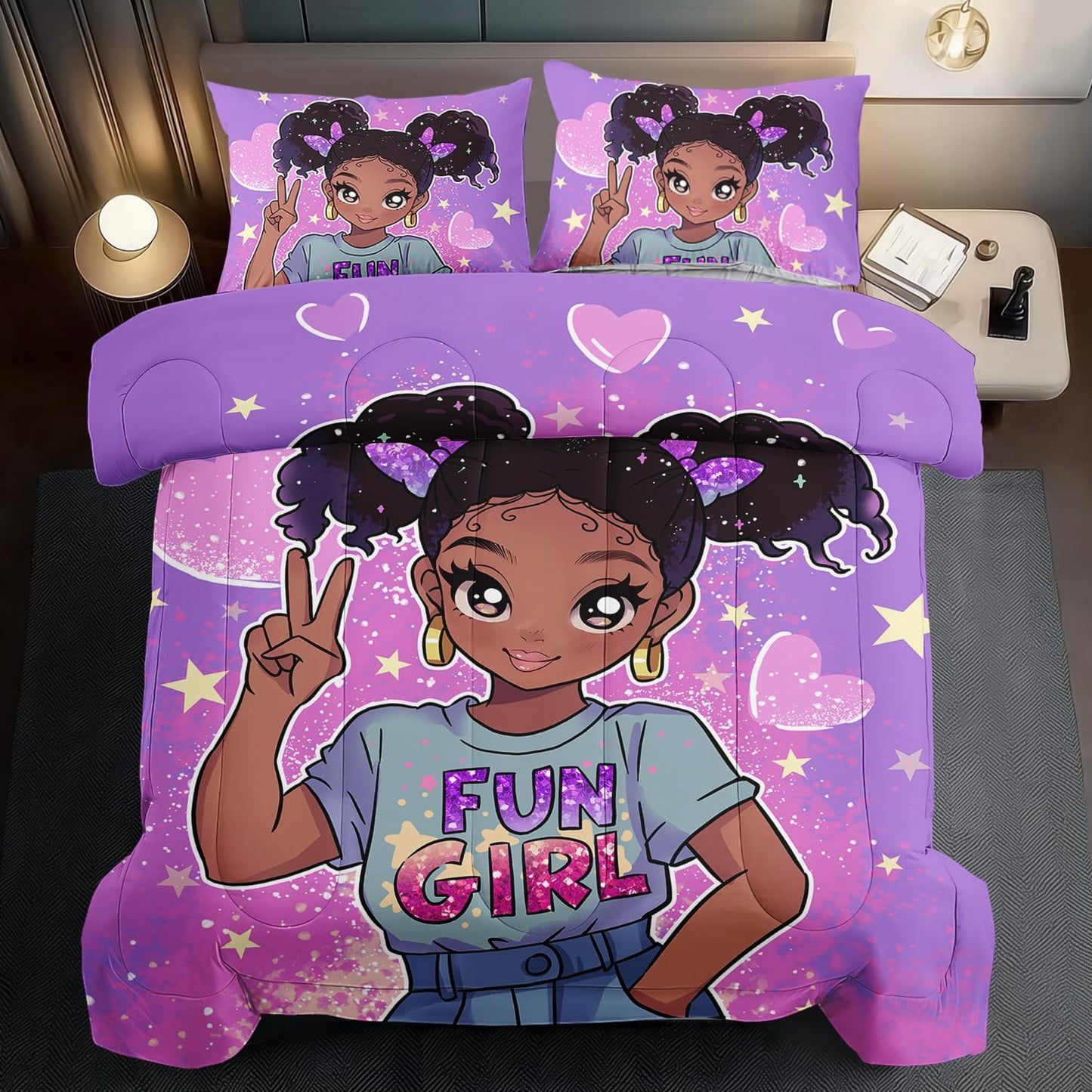 African American Black Girl Comforter Set Full Size,Cute Black Girl Bedding Set Full for Kids,Kawaii Heart Comforter Purple Bedding Decor for Teen,Purple Bed Quilt
