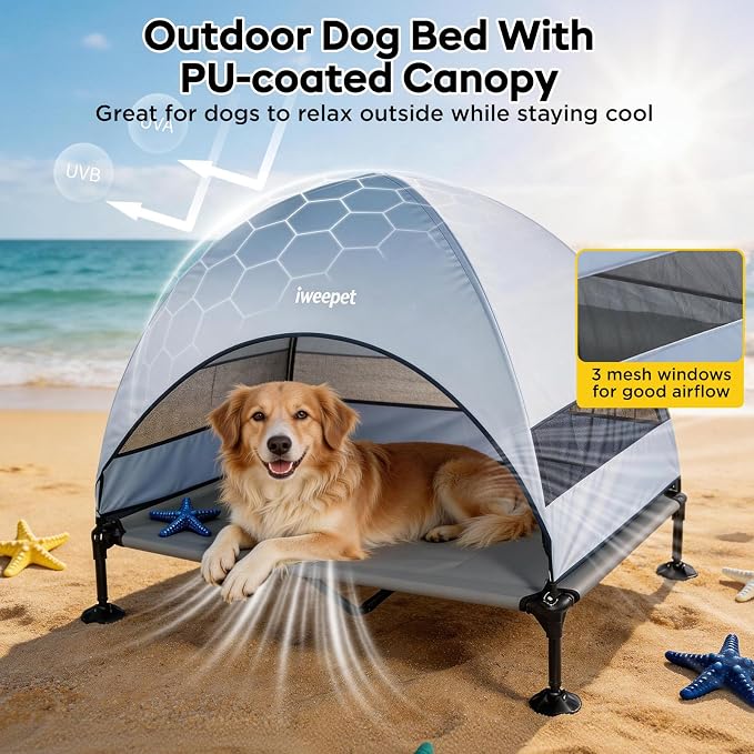 iweepet 4 in 1Elevated Dog Cot with Removable Canopy & Bolster Pillows for Extra Large Dog,Cooling Raised Outdoor Dog Bed with Breathable Teslin Mesh,Carry Bag for Camping,Patio, Backyard, 52''