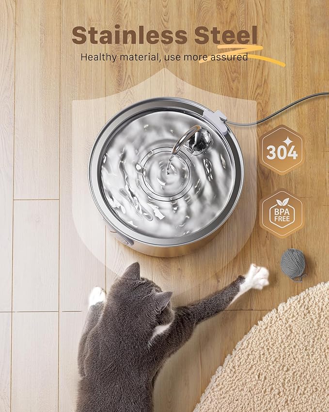 Cat Fountains for Drinking Stainless Steel: 108oz/3.2L Cat Water Fountain Led Light - Running Pet Water Fountain Filtered - GIOTOHUN Faucet Like Pet Water Fountains for Cats Indoor with 9 Filters
