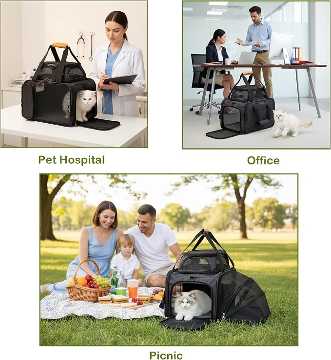 Expandable Pet Carrier Bag - Airline-Approved, Breathable Mesh, Secure Zippers, Padded Handle & Multi-Pockets (Dark Grey)