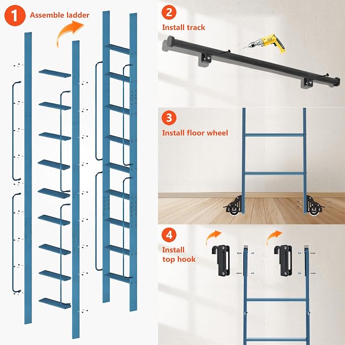 DIYHD 108" Rolling Library Ladder with Handrail, 4FT Sliding Rail, Blue | 9-Step lightweight ladder with space-saving upright storage, Telescopic top hooks, Locking bottom rollers, 300lbs capacity