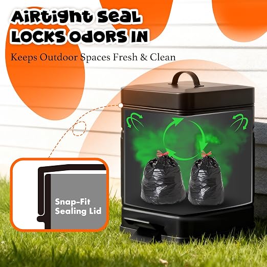 Metal Dog Poop Trash Can Outside, Odor Control & Waterproof, 1.3Gal | Pet Waste Garbage Can with Lid & Foot Pedal - Includes 30 Bags, a Bag Holder, and Lawn Stakes for Outdoor Security