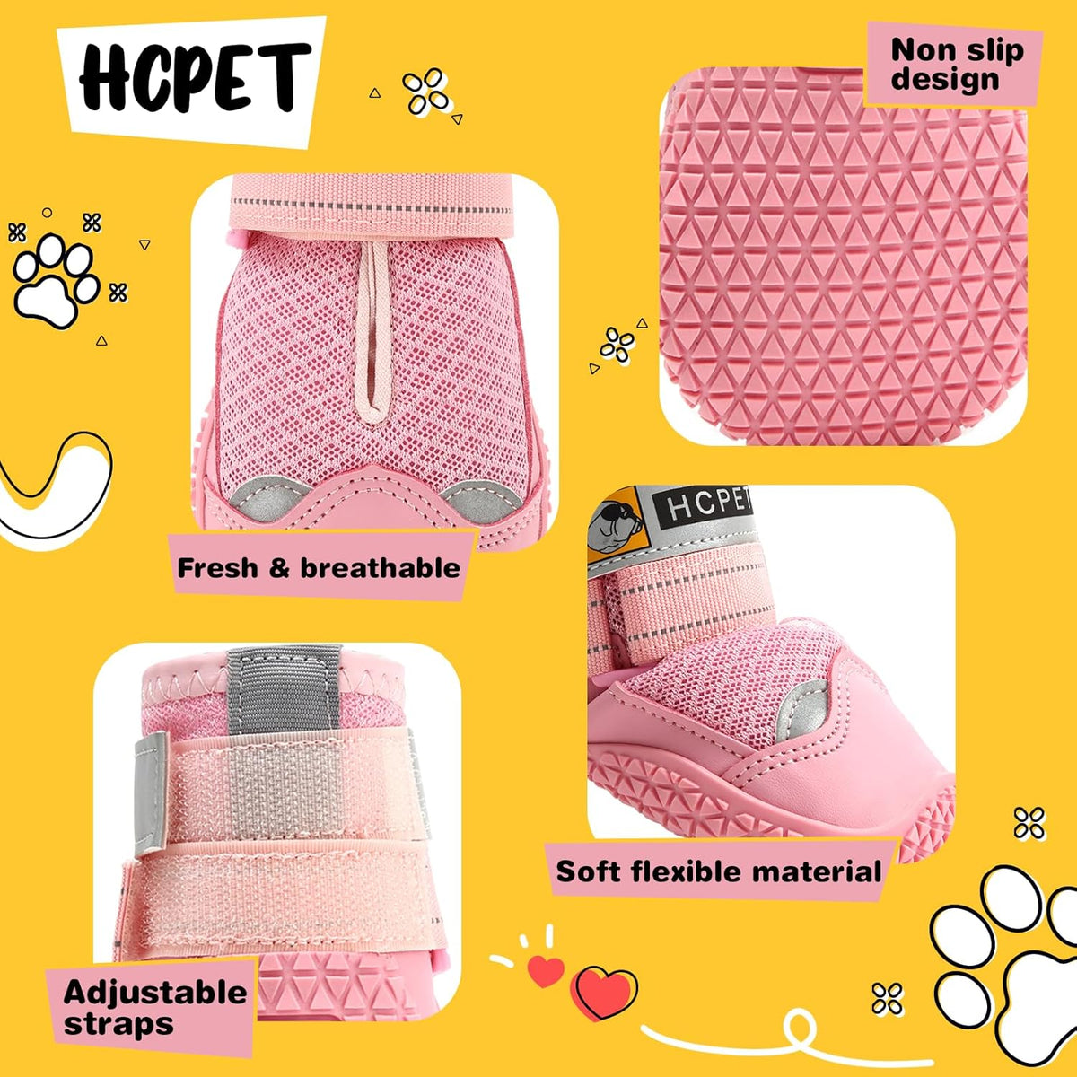 Hcpet Dog Shoes for Large Dogs, Breathable Dog Booties for Small Medium Dogs, Anti-Slip Dog Boots & Paw Protectors for Hot Pavement Winter Snow Hiking with Reflective Straps Pink Size 7