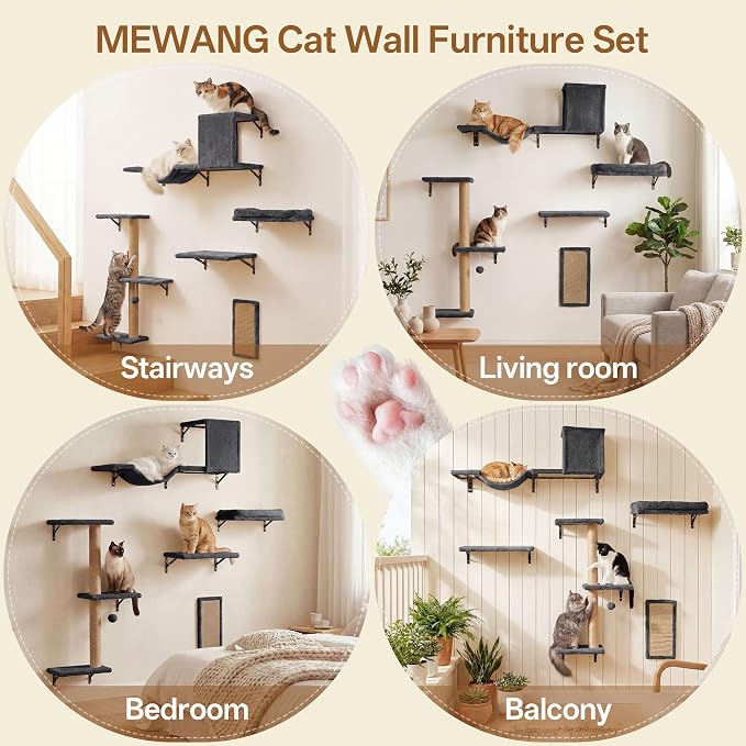 MEWANG 5-in-1 Cat Wall Shelves: Cat Climbing Furniture with Wall Mounted Perch & Lounge for Indoor Cats, Space-Saving Wall Pet Shelves for Play & Rest - Grey