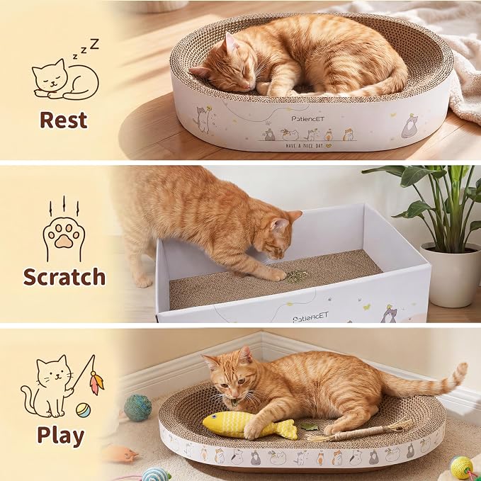 PatiencET 3-in-1 Cat Scratcher Cardboard Set for Indoor Cats | Cat Lounge Box with Wide & Slim Oval Cat Beds, Corrugated Cat Scratching Board for Furniture Protection, Rest & Play