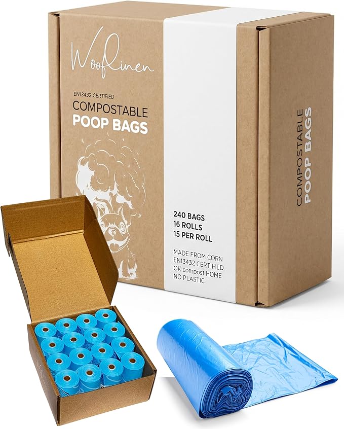 Wooflinen Unscented Dog Poop Bags – Leak-Proof Dog Poop Bags Rolls – Large 9x13”, Durable, Easy Tear – Made from Plant-Based Materials – For Big & Small Dogs – 240 Bags (16 Rolls)