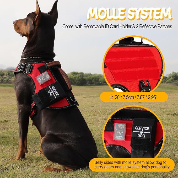 Service Dog Vest - HEYCAHVA Tactical Dog Harness Full Metal Buckles for Large Medium Dog Reflective No Pull Dogs Harnesses Vest with Leather Handle, Hook & Loop for Hiking Training (Red, L)