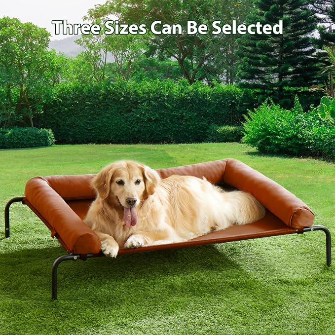 Cooling Elevated Dog Bed for Large Dogs – Waterproof Raised Dog Cot with Slope Headrest, Breathable Teslin Mesh, Durable & Portable Pet Bed for Indoor and Outdoor Use, Caramel