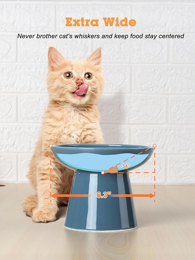 LoeJan Elevated Cat Food and Water Bowls Set, Extra Wide and Raised Ceramic Feeder, Anti-Vomit Whisker-Free Pressure Feeding Bowl for Kittens Adult Small Dogs (Deep Blue, Food Bowl)