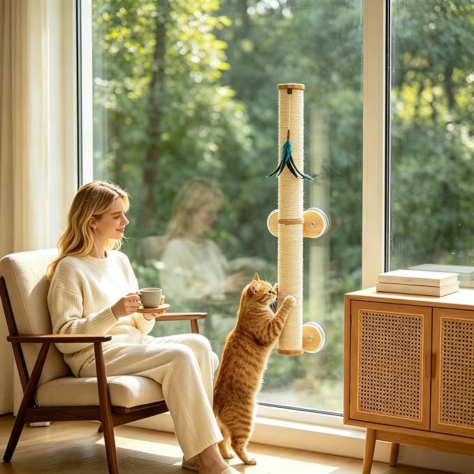 Lulu's World Cat Wall Scratcher,32" Tall No-Drill Wall Mounted Kitten Scratching Post, Cat Wall Furniture with 4 Suction Cups, Sturdy Sisal Climbing Tree Cat, Wall Shelves for Indoor （Natural Style）