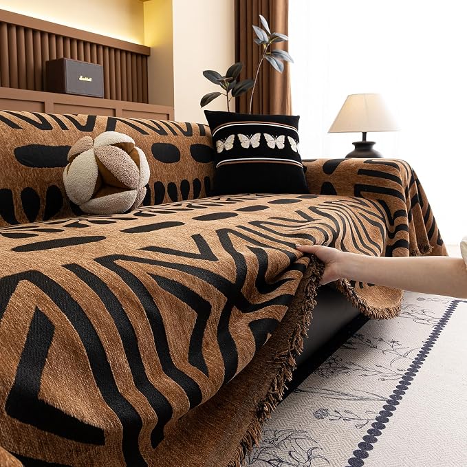 VClife Couch Cover Bohemian Morroccan Sofa Cover Washable Sofa Slipcover for 3 Cushion Couch Sofa Non Slip Soft Chenille Furniture Protector Modern Brown Black Slip Cover for Couch 71''x134''
