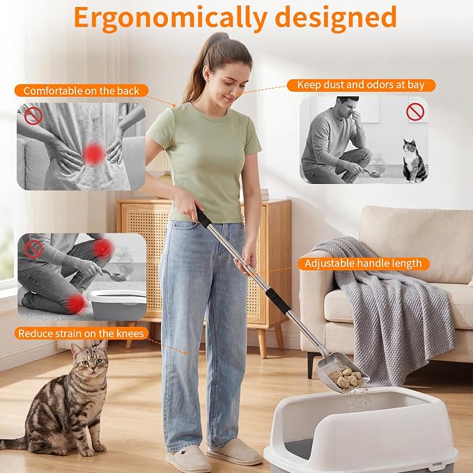Yangbaga Metal Cat Litter Scoop: Detachable Long Handle Litter Scooper | Heavy Duty Stainless Steel Pooper Scooper w/Deep Shovel-Non Stick Sifter w/Foam Padded Grip-No Bending w/Storage Hook