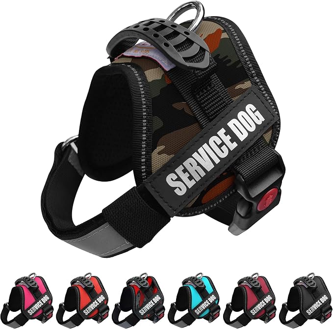 Service Dog Vest Harness – Reflective Service Animal Vest, No-Pull Harness with Handle & Mesh Padding – Sizes XXS-XL for Puppies – 2 Removable Service Patches Included(Small, Green Camo)