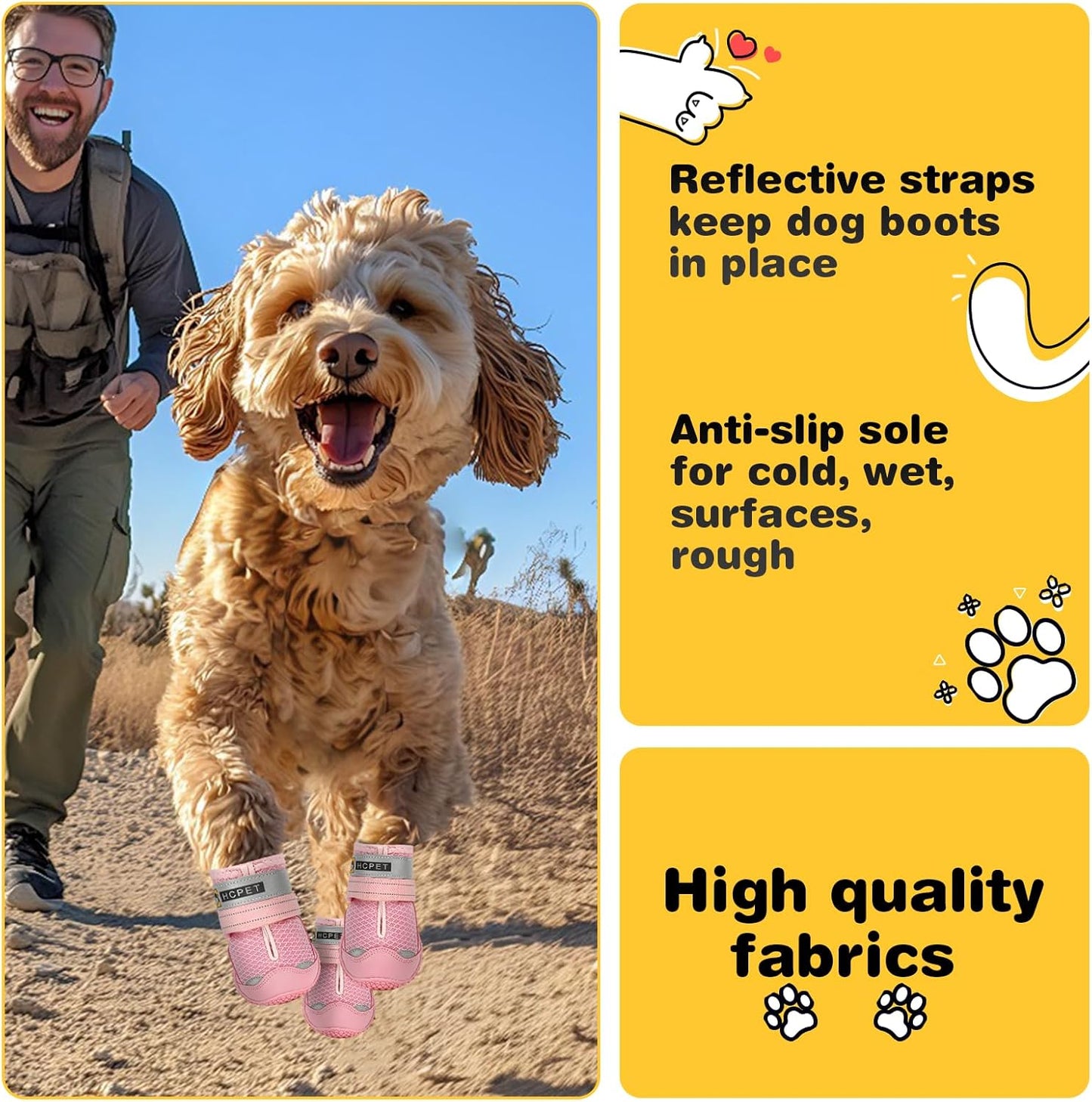 Hcpet Dog Shoes for Large Dogs, Breathable Dog Booties for Small Medium Dogs, Anti-Slip Dog Boots & Paw Protectors for Hot Pavement Winter Snow Hiking with Reflective Straps Pink Size 3