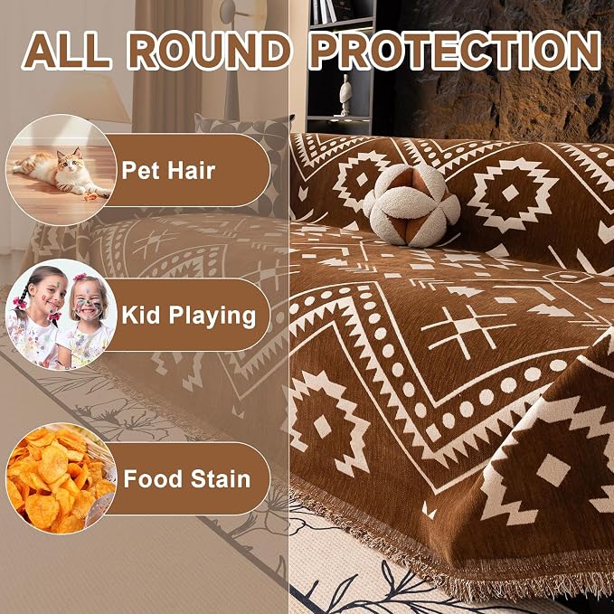VClife Boho Couch Cover - Brown White Tribal Geometric Pattern Sofa Cover for 3 Cushion Couch Sofa Anti-Slip Washable Couch Cushion Cover, Diamond Zigzag Futon Sofa Protector for Living Room Decor
