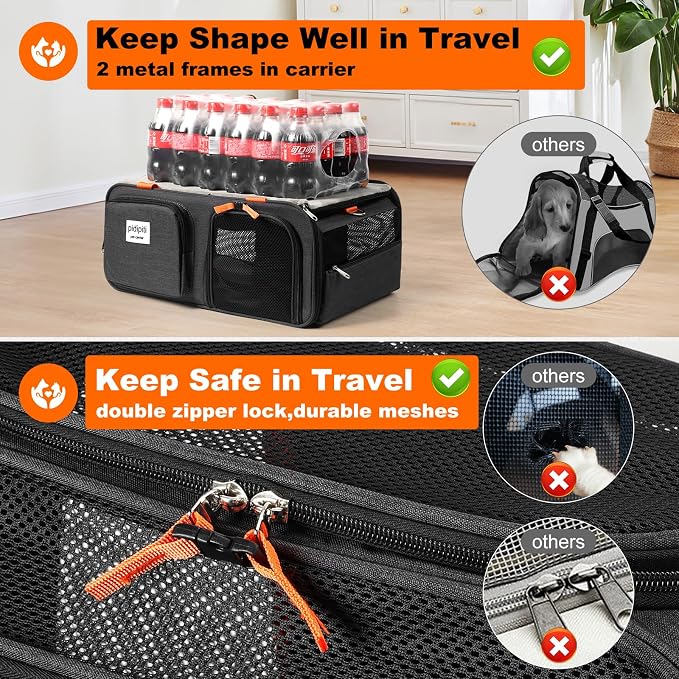 pidipiti 19x13x9 TSA Approved top Expandable pet Carrier for Small Dog Puppy cat up to 10 lbs Weight and 18'' Length, for Southwest Spirit Lufthansa Airlines,Air Canada and Amtrak Train