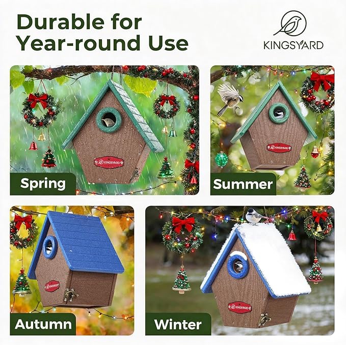 Kingsyard Recycled Plastic Bird House for Outdoors - Hanging Nesting Box with Predator Guard & Air Vents for Wren Finch Chickadee, Blue