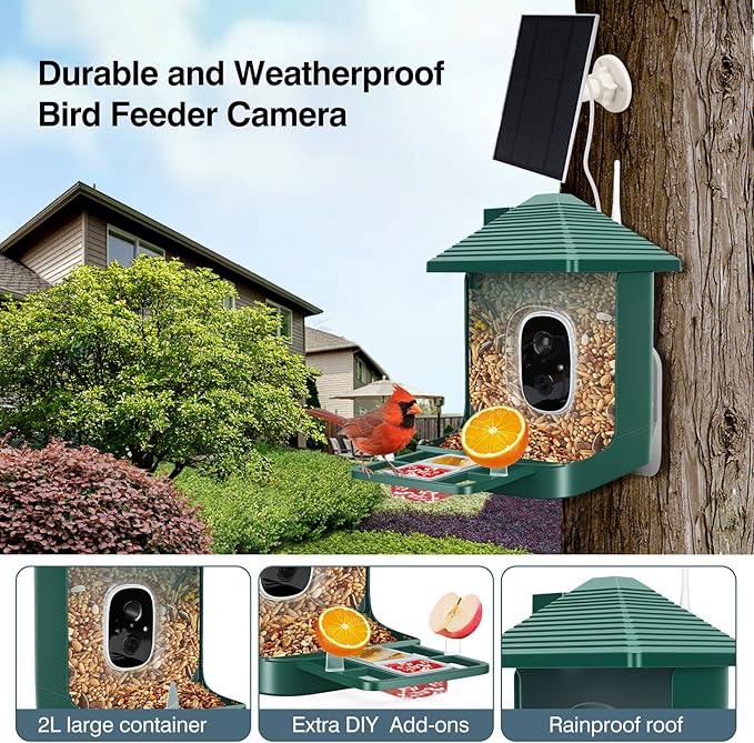 Bird Feeder with Camera,Smart Watching Birds,AI Identify Species 2K Live Video,2.4GHZ WiFi Solar Birds House Cameras for Outdoors,Motion Detection Instant Arrival Alerts,Ideal Present for Birds Lovers