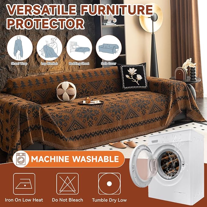 VClife Boho Couch Cover for Christmas 1 Piece Soft Warm Couch Cover for Sectional Sofa, Washable Pumpkin and Black Jacquard Loveseat Sofa Covers for Home Office RV 71"x118"