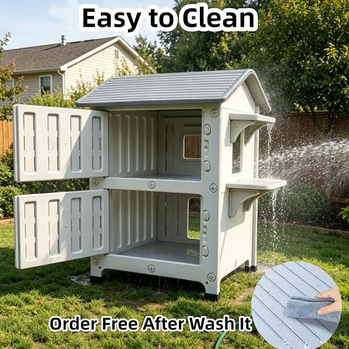 HiCaptain Outdoor Cat House 2 Story HDPE Weatherproof for Feral Cat, Grey | 21.5" D x 21" W x 34" H, Plastic Elevated Insulated Cat Shelter with Escape Door, Easy Clean & Assemble, Expansive Interior‌