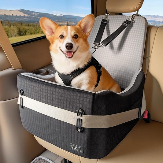 PETSFIT Dog Car Seat with Patented Safety System, 5" Elevated Cushion | Fully Detachable Washable Cover, Memory Foam Dog Booster Seat for Small/Medium Dogs Up to 35 Lbs, Front/Back Seat Travel