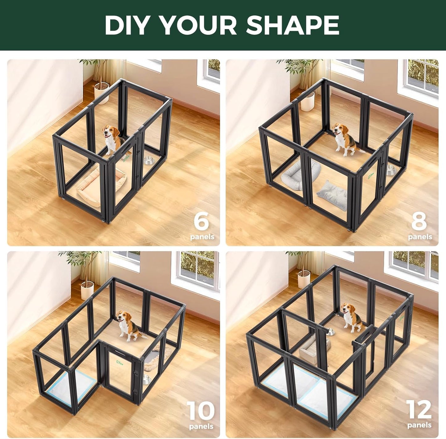 FXW AuraSpace Acrylic Indoor Unleashed Dog Playpen for Medium Dogs, 35 Inch, 12 Panels, Black
