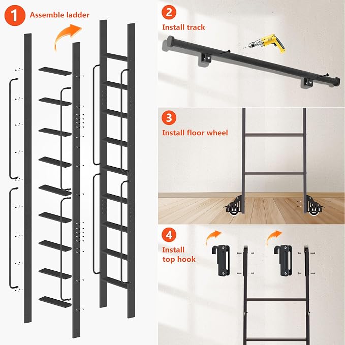 DIYHD 108" Rolling Library Ladder with Handrail, 4FT Sliding Rail, Black | 9-Step lightweight ladder with space-saving upright storage, Telescopic top hooks, Locking bottom rollers, 300lbs capacity