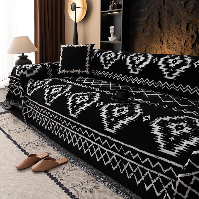 VClife Boho Couch Cover Chenille Sofa Cover for Sectional Sofa, Non Slip Couch Covers for 3 Seater Sofa Pet Friendly Sofa Protector with Tassel, Tribal Pattern Couch Slipcover, Black, 71"X134"