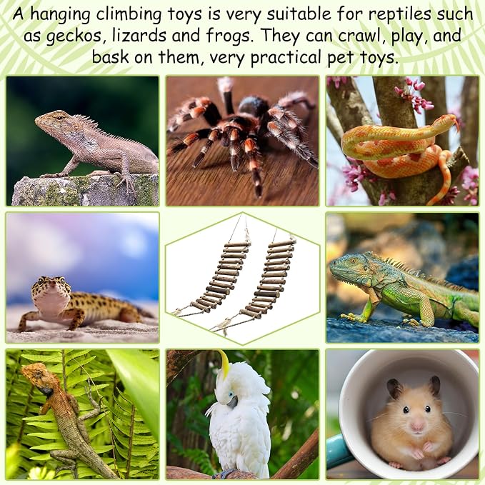 VCEPJH Reptile Bridge for Terrarium 2 Pack Wooden Bearded Dragon Climbing Ladder Hanging Flexible Swing Tank Deor Accessories for Gecko Hermit Crab Chameleons Turtle Lizard Frog
