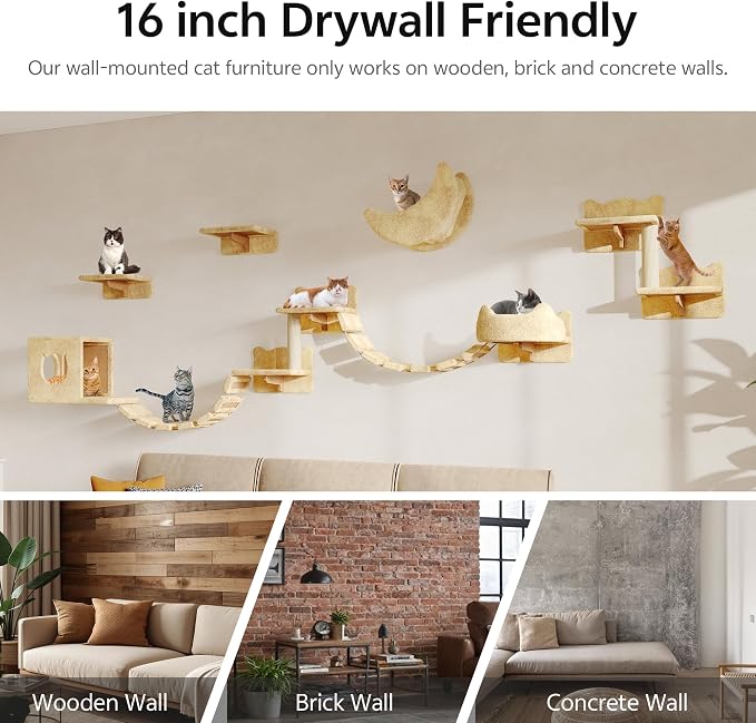 13-in-1 Cat Wall Shelves, Moon & Bridge Cat Wall Furniture, Beige | Wall Mounted Cats Shelf Set with Plush Fabric, Cat Climbing Systems for 16 Inch Drywall, Condo, Scratching Post, Space-Saving