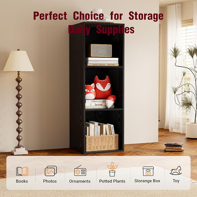 Book Shelf, Wooden Cube Storage Organizer with 11" Open Cubes, Stackable Modular Bookcase for Room Divider Storage, 3 Tier Bookshelf for Living Room, Bedroom, Office (Black, 3-Cube)