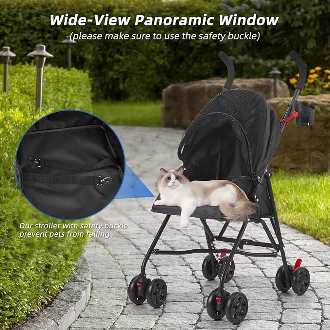 Pet Stroller Oxford Cloth Foldable Dog Strollers for Small Dogs and Cats Suitable for All Road Surfaces Wide-View Panoramic Window 4 Wheels with Brakes Portable Design, Easy to Store (Black)
