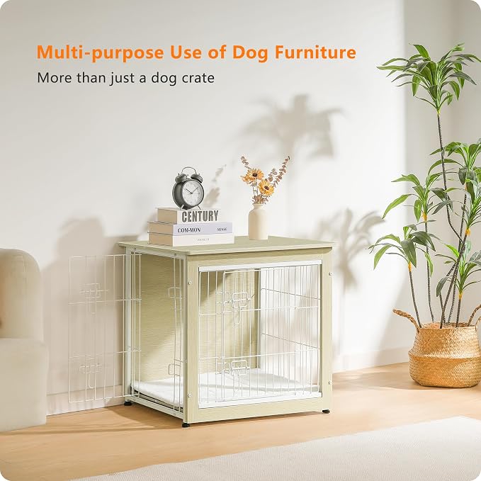 DWANTON Dog Crate Furniture with Cushion, Wooden Kennel Table with Double Doors, Indoor Dog House, Small/Medium/Large Size, 27.2" L, White Oak