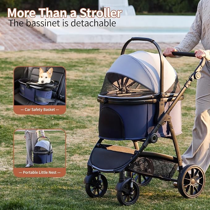 3-in-1 Pet Stroller for Medium Dogs & Cats, Detachable Aluminum Frame Carrier, All-Terrain 4-Wheel Dog Travel Carriage, Shock Absorption, Easy-Entry Low Door, Max 55lbs - Blue Grey