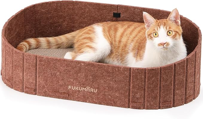 FUKUMARU Cat Scratcher, 24 Inch Sofa Shape Cat Scratching Bed Couch Indoor | Oval Felt Cat Scratcher Bed with Reversible Detachable Cat Scratching Boards, Round Cats Scratch Pads Refill, Caramel