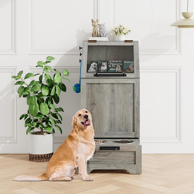 Dog Feeding Station with 2 Elevated Dog Bowls | Pet Feeding Station,Flip Top Pet Food Cabinet,Pet Food Container,Pet Toy Storage Organizer,Modern Storage Organizer, Grey
