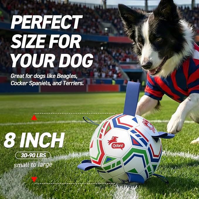 QDAN World Cup Soccer Ball for Dog, 8 Inch Dog Balls with Straps for Interactive, Tug and Training, Indoor Outdoor Toys for Medium & Large Dogs, 2026 Herding Ball